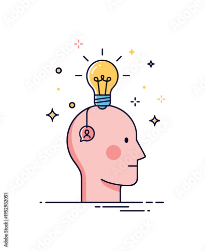 Innovative thinking process head silhouette with a bright bulb emerging from the top and tiny decorative stars, expressing intellectual growth and creative