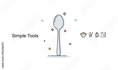 Spoon kitchen utensil concept illustrated by a single smooth spoon silhouette centered with subtle sparkle accents highlighting its clean shape. The