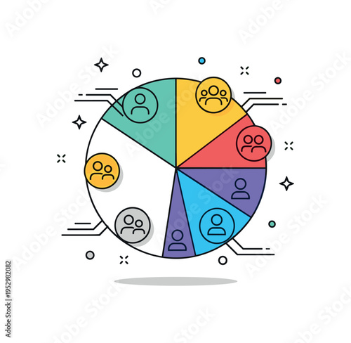 Market segmentation concept with a pie chart divided into colorful sections and subtle user group icons placed within each slice. The composition conveys