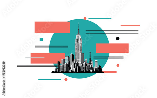 black and white iconic tower rising above surrounding buildings, framed by teal geometric circle and coral rectangular forms, thin horizontal lines and