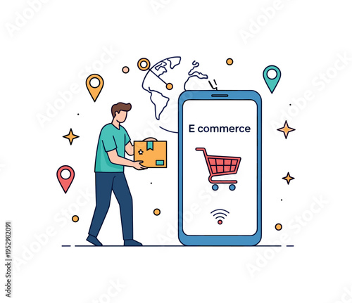 E commerce entrepreneur packing a small parcel beside a smartphone displaying a shopping cart icon, representing online retail and global digital trade. Subtle