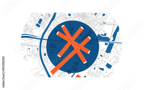 mixed-use city district map fragment in monochrome top view, deep blue geometric circle anchoring composition and orange cylindrical shapes crossing