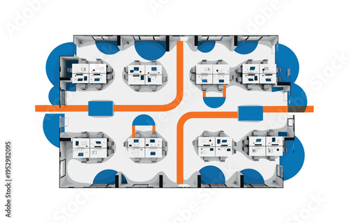 Black and white open office layout seen from above with desks arranged symmetrically, bold orange pathway line weaving through like a cognitive map, blue