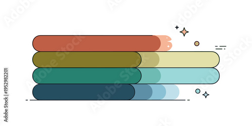 Earth tone color palette trend illustrated through stacked rounded swatches inspired by clay, moss, and sky tones with a subtle sparkle accent, symbolizing