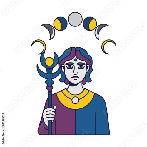 Figure holds staff with moon phases above head.