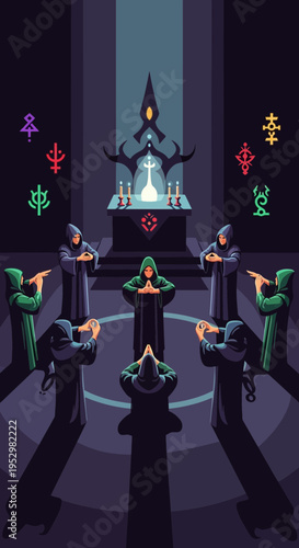 Figures in a dark room performing a ritual around a glowing object.