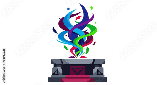 Colorful abstract energy erupts from a stone pedestal.