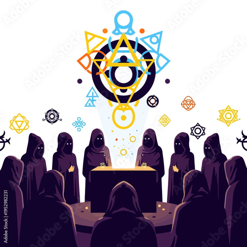 Figures in robes gather around a table under a mystical symbol.