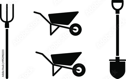 Gardening tools icons including pitchfork wheelbarrows and shovel