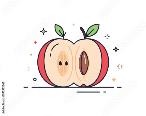 Orchard fruit pit concept illustrated by a halved fruit with visible seed core, expressing growth potential, natural cycles, and inner structure. A simple and