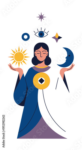 Woman with celestial symbols sun moon stars and eyes.