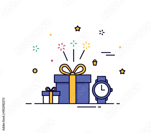 Birthday surprise for him centered on a gift box paired with a small watch silhouette and festive spark accents, symbolizing celebration and timeless memories.