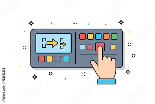 Video switching desk close up of a simplified control panel with colorful buttons and a hand pressing a key, symbolizing dynamic scene transitions during a