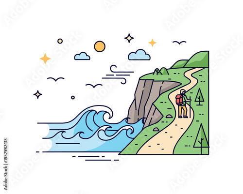 Coastal hiking route concept featuring a narrow cliffside trail beside simple ocean waves, symbolizing scenic views, fresh breeze, and nature immersion. Small