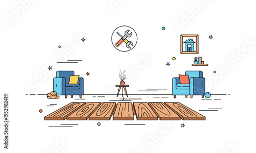 Renovated living space fresh wooden planks installed across a bright room with subtle tool icon accent, symbolizing home improvement and interior upgrades.