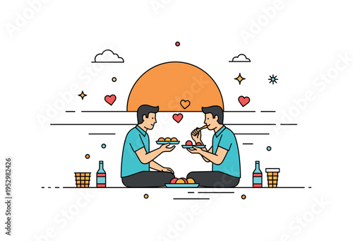 Sunset picnic date showing a couple sharing food as a large warm sun sets behind simple horizon lines conveying intimacy and calm reflection. Subtle heart
