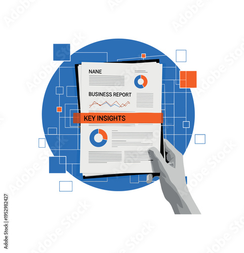 Black and white realistic business report document held in hand with visible charts and headings, bold blue circular halo behind the pages and bright orange