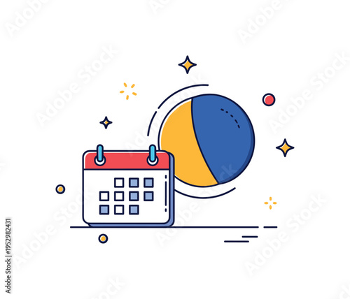 Eclipse anticipation countdown concept featuring a small calendar icon paired with a partially covered sun disk and subtle star accents, symbolizing scheduled