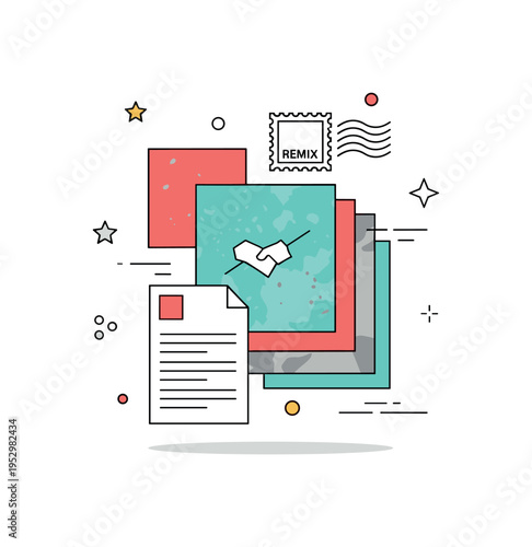 Vintage inspired collage aesthetic illustrated through retro shapes, a small postage stamp detail, and layered textures, expressing nostalgia and creative