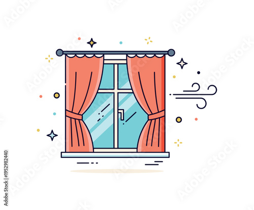 Storm preparation window closure scene centered on firmly drawn curtains with a subtle wind swirl icon outside, expressing readiness, protection, and