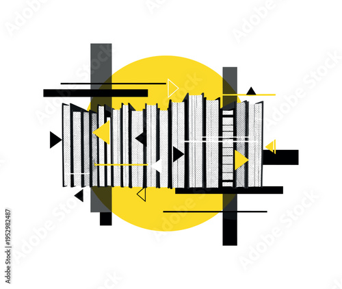 cropped black and white detail of hands resting loosely on lap in peaceful stillness, framed by yellow circular halo and black abstract bars, subtle halftone