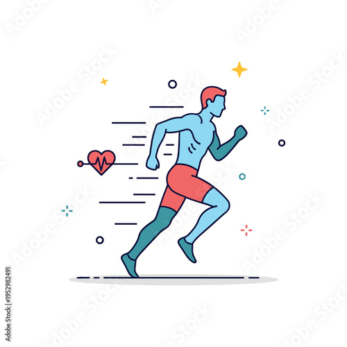 Running physique dynamic runner silhouette with subtle motion lines and a small heartbeat accent, symbolizing cardiovascular fitness and active performance.