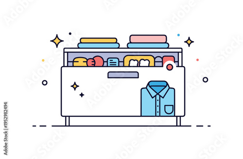 Bedroom storage calm illustrated by a smoothly closed drawer with subtle sparkle icons and a folded shirt silhouette visible, expressing peace of mind,