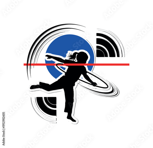 Black and white child silhouette mid-spin with hula hoop captured in dynamic arc, bold cobalt blue circle partially hidden behind the upper body, thin red