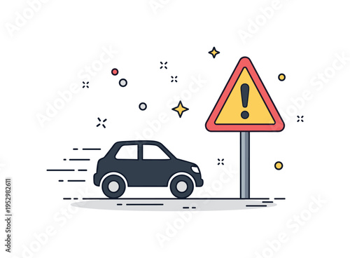 Imminent danger road safety alert illustrated by a car silhouette approaching a bold warning sign with short motion lines emphasizing urgency. A direct visual