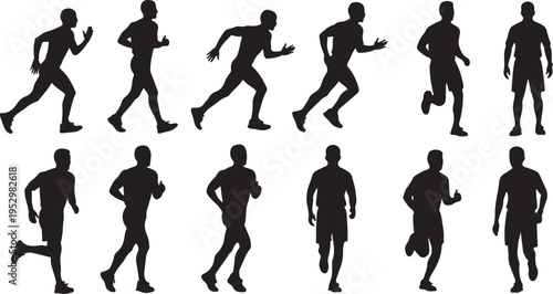 Silhouette of various running poses of a man in different outfits