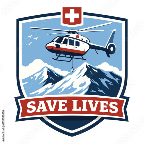 Illustrated mountain rescue helicopter emblem with snowy peaks and medical cross symbol for emergency services