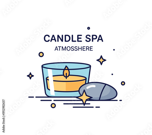 Candle spa atmosphere badge featuring a small glass candle holder accompanied by a smooth stone and a tiny star accent. The scene communicates warmth, comfort,