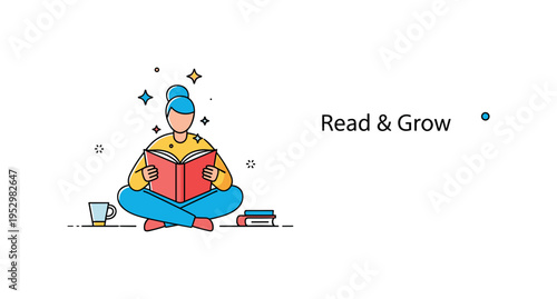 Person reading quiet moment of focus illustrated by a seated figure holding an open book with small star accents floating above the pages. A calm and