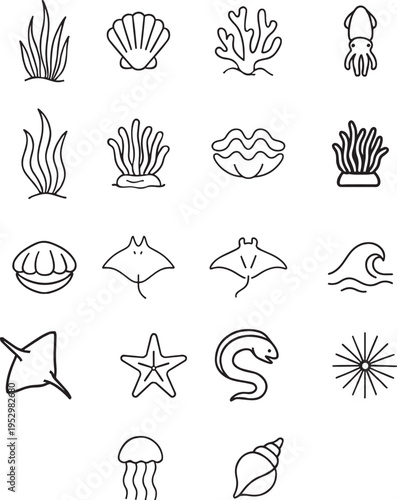 Marine vector icon set, seaweed, scallop, coral, squid, sea anemone, clam, stingray, wave, starfish, eel, sea urchin, jellyfish, conch
