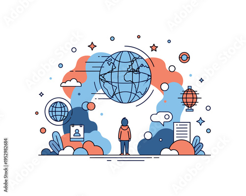 Lonely figure surrounded by oversized abstract shapes symbolizing busy world elements. The composition reflects feeling small within a fast moving environment