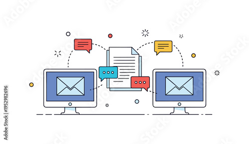 Remote collaboration tools illustrated through interconnected devices sharing a single document icon with small chat bubbles and spark accents. A compact