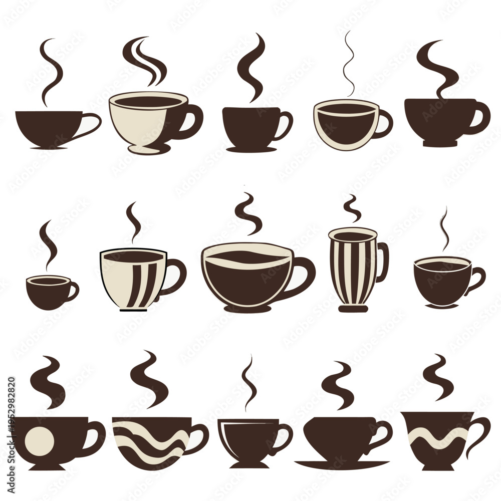 Obraz premium Hand Drawn Coffee Cup Set with Steam, Minimal Line Art Beverage Icons
