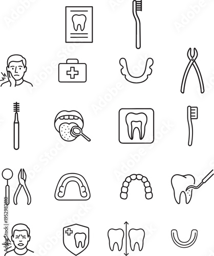 Dentistry vector icon set, dental record, toothbrush, toothache, first aid, denture, pliers, oral exam, x-ray, braces, scaler, mouthguard