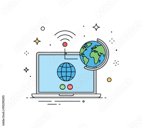 Global video conference connection shown through a laptop screen combined with a small globe and signal lines, symbolizing worldwide collaboration,