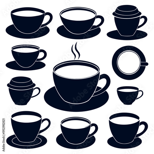 Coffee Cup Icon Set Vector, Minimal Black Coffee Mug Collection