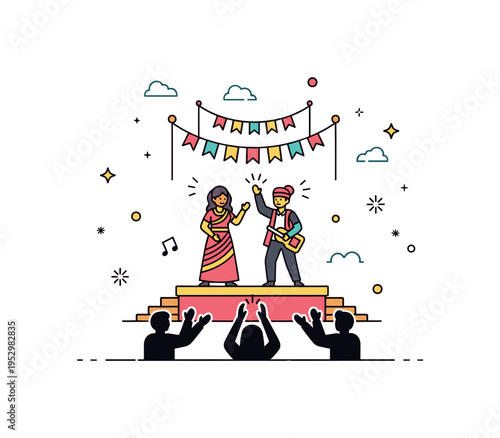 Cultural festival celebration illustrating a small stage with two performers and a few clapping silhouettes beneath decorative flags, capturing