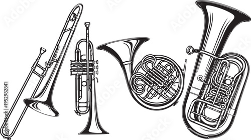 Silhouette of musical instruments trumpet flute and french horn