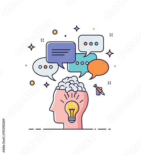 Mind overwhelmed by ideas shown as a head icon with multiple speech bubbles overlapping above, symbolizing simultaneous thoughts competing for attention. A