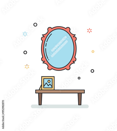 Vintage hallway decor concept featuring a rounded decorative mirror with subtle corner flourishes positioned symmetrically above a console table with framed