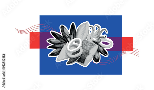 Retro monochrome arrangement of terracotta pots with cacti and succulents placed on layered stone slabs, large flat cobalt blue geometric backdrop intersected