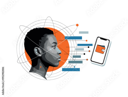 A monochrome portrait of a diverse face in profile combined with a floating smartphone displaying a simplified wallet icon, concentric thin orbital lines