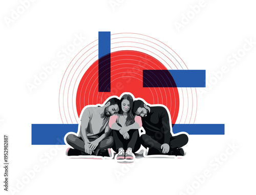 Monochrome image of three friends sitting on the floor in a relaxed pose, heads leaning toward each other, large flat red semicircle intersecting the group