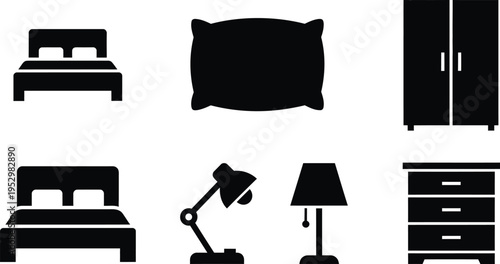 Furniture icons including beds wardrobe dresser lamp and accessories