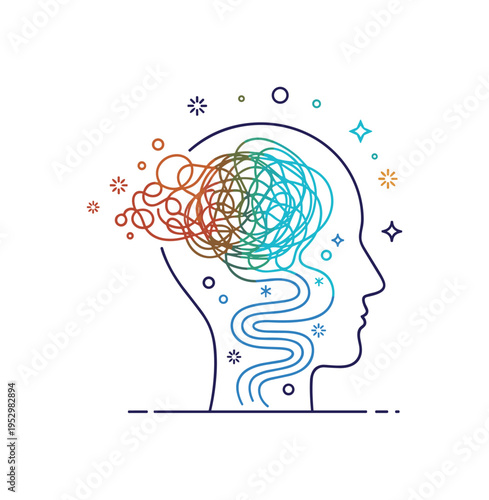 Coping with stress depicted through tangled lines gradually transforming into a smooth flowing path inside a head silhouette. The composition expresses