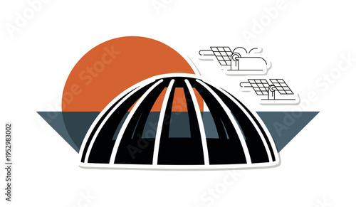 Black and white futuristic Mars habitat dome with visible structural ribs, oversized burnt orange semicircle framing the upper half, muted navy geometric
